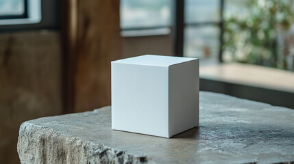 Poster - Simple white cube on stone surface in a modern interior with natural light
