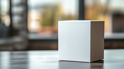 Poster - White cube on wooden table with blurred background in modern indoor setting