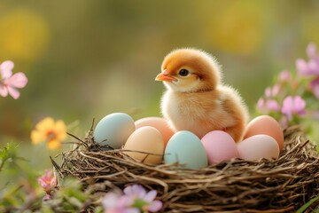 Wall Mural - Little chick sitting on colorful easter eggs in bird nest with spring flowers