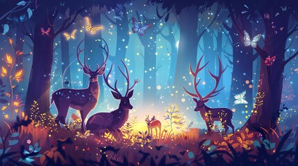 Wall Mural - A mystical forest with glowing fireflies and deer.