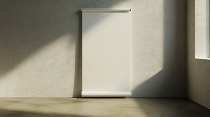 Poster - Blank canvas stands in a minimalist room with natural light illuminating the space