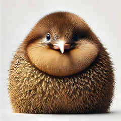 Fluffy Brown kiwi :  An adorable, round, fluffy brown bird chick with big, curious eyes sits and stares directly at the camera.  The soft, downy feathers create a cuddly and heartwarming image. 