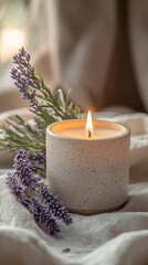 Poster - A serene flat-lay displays a softly glowing candle surrounded by lavender sprigs on a draped, light fabric. This setup evokes a sense of relaxation and calmness