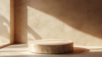 Poster - Modern minimalist interior with a round pedestal in warm light