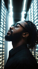 Poster - Young african american technician wearing glasses looking up at server racks in modern data center with blue light