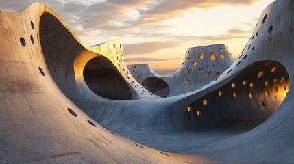 Poster - Surreal landscape of a cave city at sunset.  Futuristic, organic architecture.
