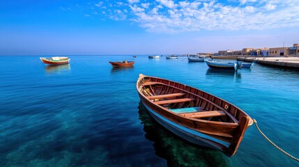 Naklejka na meble Tranquil Harbor Serenity: Wooden Boat in a Picturesque Coastal Town