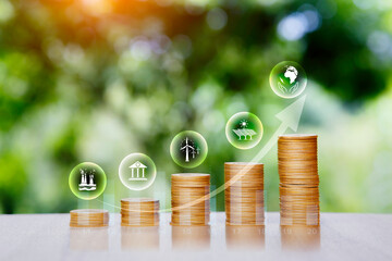 gold coin is placed as a graph showing of Investing in the environment, society, governance, Invest ESG in the industrial. ecology green energy renewable concept. green nature background.