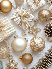 Poster - A white backdrop featuring white presents wrapped with gold ribbon, along with silver and gold ornaments, pine branches, and gold confetti, crafting an ideal festive winter scene for holiday wishes