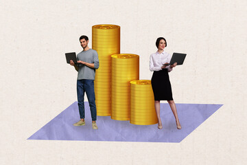 Poster - Composite image montage trend artwork 3D collage of young man lad coworking hold laptop stand stack money finance budget earnings dollars