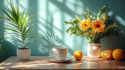 Sticker - Sunlit table, coffee cup, flowers, lemons, plants.