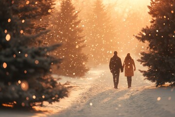 Poster - Romantic couple walking in snowy winter wonderland at sunset