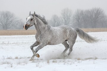 Wall Mural - dappled grey horse galloping through snowy field