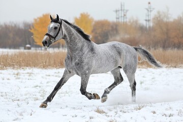 Wall Mural - dapple grey horse galloping through snowy field in winter