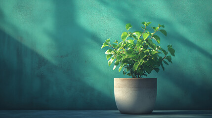 Poster - Lively green plant in a textured pot against a vibrant teal background