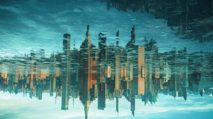 Wall Mural - surreal upside-down city skyline reflected in water.