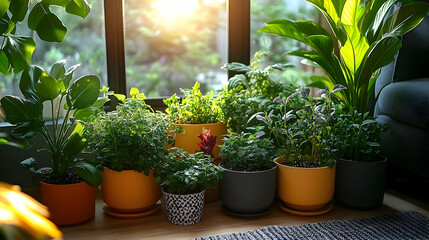 Canvas Print - Vibrant indoor plants bathed in sunlight near a window, creating a serene and peaceful atmosphere in a home