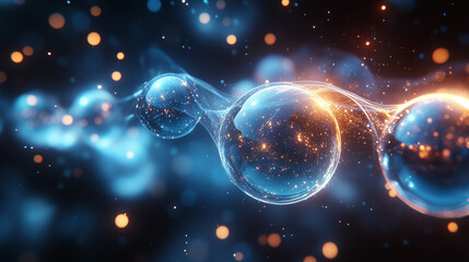 Wall Mural - cosmic spheres in glowing blue and orange light, surrounded by misty space and stardust.