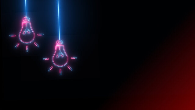Colorful light bulbs lined up on dark background. Suspended bulb with neon glow on black background.