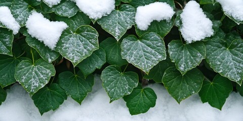 Poster - Green leaves covered with snow during winter season