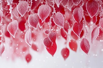 Poster - Red frozen leaves covered with frost during snowfall in winter