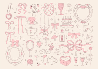 coquette vintage illustrations of bows, ribbons, candles, mirror, cake, pigeon. whimsical line art f