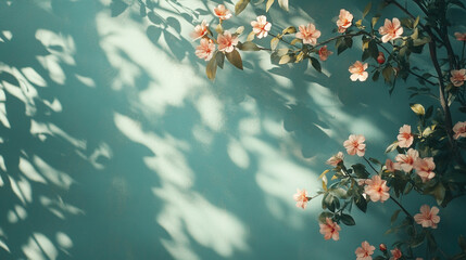 Poster - Delicate pink flowers casting shadows on a turquoise wall in soft sunlight