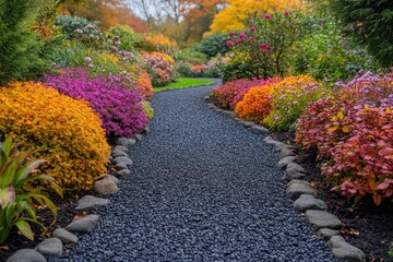 Wall Mural - Gravel path winding through a vibrant autumn garden