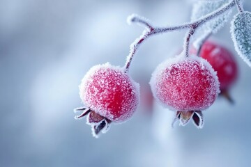 Poster - Frozen red berries covered with frost on a branch in winter