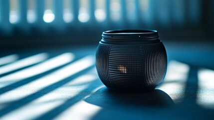 Poster - Candle in a black holder casting shadows in a softly lit room during evening