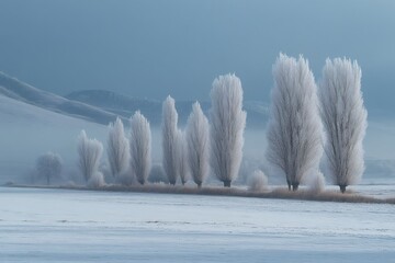 Poster - Poplar trees covered with hoarfrost creating a winter wonderland landscape