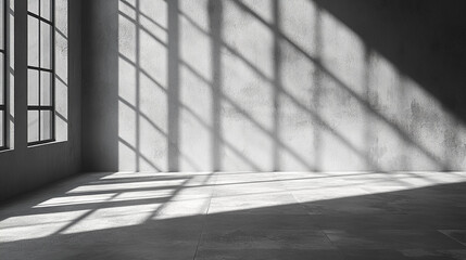 Poster - Natural light creates striking shadows in an empty concrete room with large windows