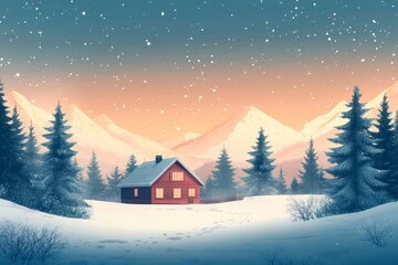 Poster - Red wooden cabin covered in snow during a winter sunset in the mountains