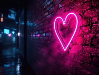 Poster - a neon heart sign illuminated in pink and purple hues against a brick wall in a dimly lit environment, possibly at night.