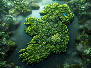 Poster - surreal, nature-inspired art piece depicting Ireland. The country's shape is formed by lush greenery, with a blue sky at the top and a blue body of water at the bottom.