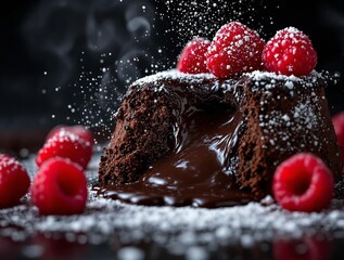 Poster - a dessert with a chocolate lava cake topped with raspberries, dusted with powdered sugar, on a dark surface.