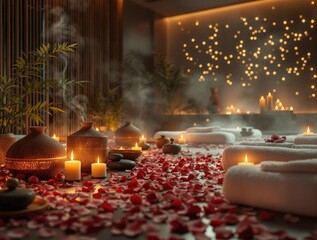 Poster - luxurious spa setting with a massage table covered in red rose petals, surrounded by candles and steamy pots, creating a serene and relaxing atmosphere.