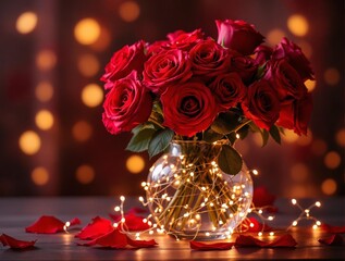 Poster - A vase filled with red roses sits on a table. The background is decorated with fairy lights.
