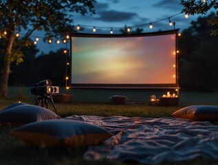 Aufkleber - projector set up outdoors on a blanket, with a large screen in the background displaying a colorful scene. The area is decorated with string lights and there are pillows and a blanket spread out, sugg