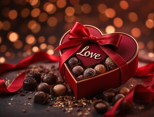 Poster - heart-shaped chocolate box filled with various chocolates, topped with a red ribbon and bow. The background features a warm, bokeh effect with lights, adding a festive atmosphere.