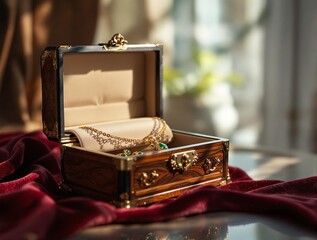 Aufkleber - small wooden jewelry box placed on a table, with a window in the background. The box is open, revealing a piece of jewelry inside.