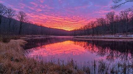 Wall Mural - Vibrant sunrise reflected in calm lake water, surrounded by winter trees.