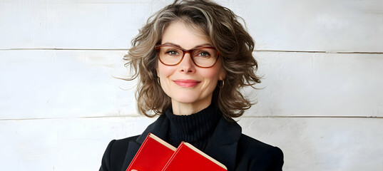 A female teacher holding a book, smiling, light plain background, classroom setting