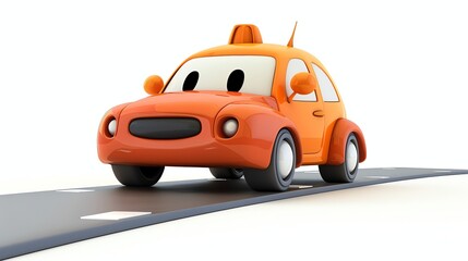 Wall Mural - A cartoon car with a happy face drives down a gray road.