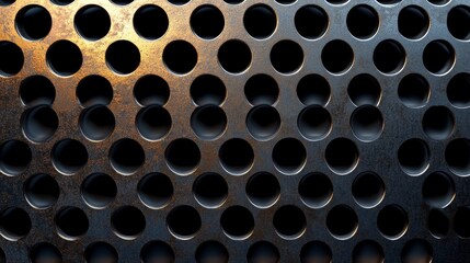 Poster - Close up of a dark metal sheet with circular perforations.  Industrial texture background.