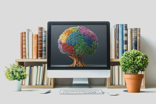 Colorful tree displayed on a computer screen with vibrant colors nature inspiration technology and art combined digital artwork showcasing natures beauty in a modern workspace environment