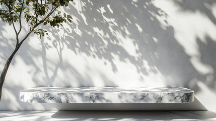 Poster - Modern marble bench casting shadows in a serene outdoor space surrounded by greenery