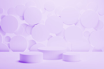 Poster - Set of three light purple round podiums on abstract stage, mockup. Flying circles decor. Template 3D illustration contemporary scene for presentation cosmetic products, goods, advertising, design.