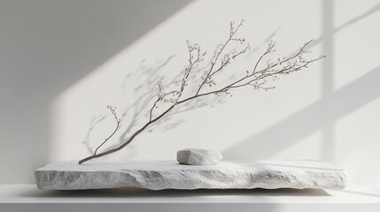 Poster - Natural elements arranged on a minimalist stone slab with soft shadows in a bright space
