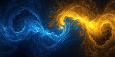 cosmic dance: a captivating abstract fractal design with swirling blue and golden hues, suggesting a